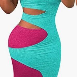 Hot Pink and Powder Blue Cutout Patchwork Bodycon Dress (NWOT)